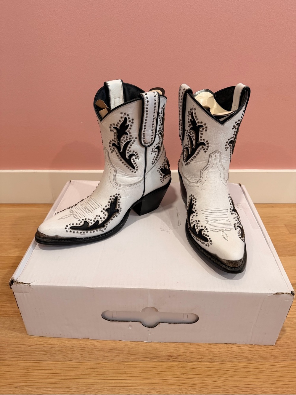 Classic White & Black Cowboy Ankle Boots - Women's Western Style - Size 8